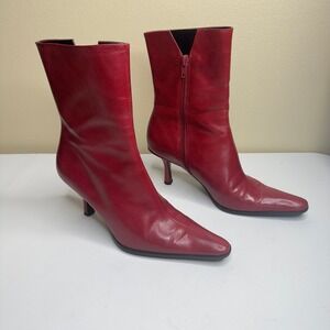 Nine West Red Leather Pointed Toe Ankle Boots Y2K Kitten Heels Women's Size 6.5M